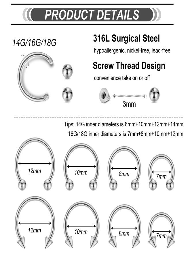 NICEIGHT 32Pcs 14G 16G 18G Surgical Steel Septum Nose Rings for Women Men Horseshoe Earrings Cartilage Helix Tragus Eyebrow Lip Daith Hoop Smily Piercing Jewelry 18G S - Image 4